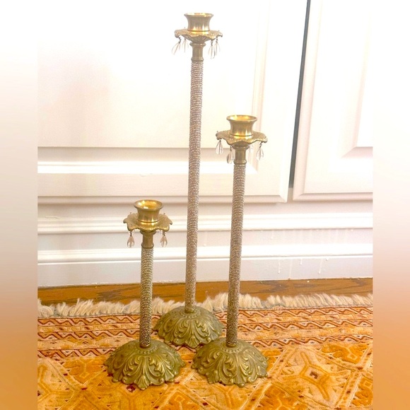 3 brass candle holders with crystal beading and crystal dangles - Picture 5 of 12